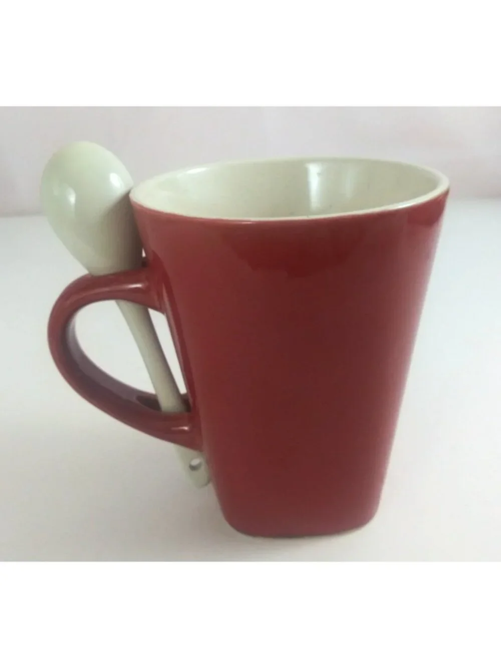Red Stoneware Texas Cup With Spoon In Handle Souvenir Coffee Cup